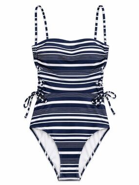 Aerie Navy Blue & White Striped One Piece Swimsuit w Lace Up Sides -Small *LONG*